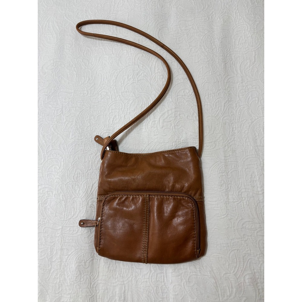 Tignanello Brown Leather Crossbody Bag Organizer Striped Lining Small Messenger
